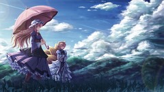 Landscapes grass clouds dress Umbrellas hats red eyes bows 