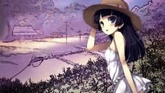 Landscapes grass dress hats houses bows blush long hair anime 