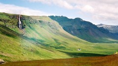 Landscapes grass Mountains clouds houses iceland