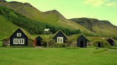 Landscapes grass Mountains houses buildings iceland turf house