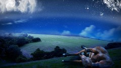 Landscapes grass night Stars Horses stable skies ranch