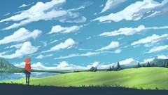 Landscapes grass water clouds anime girls boots short hair 