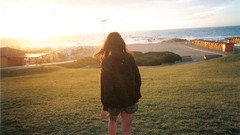 Landscapes grass woman back sunlight brunettes