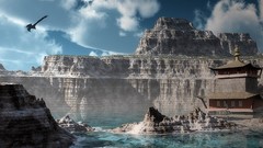 Landscapes gray water blue clouds ocean white Birds pagoda 