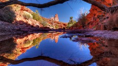 Landscapes lakes reflections blue skies valleys tree trunk
