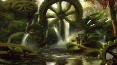 Landscapes moss gears Knights forests artwork digital art