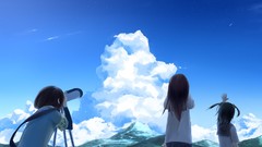 Landscapes Mountains clouds back schoolgirls skirts long hair 