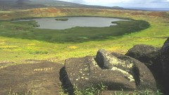Landscapes Mountains clouds Islands Easter Island statues lakes 