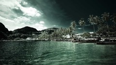Landscapes Mountains clouds palm trees