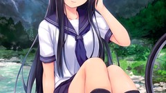 Landscapes Mountains clouds socks sitting Bicycles schoolgirls 