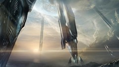 Landscapes Mountains clouds tower architecture science fiction 