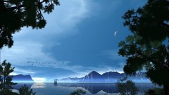 Landscapes Mountains ocean moon Sailboats fantasy art