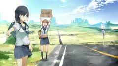 Landscapes Mountains Plants Anime brown roads school long hair 