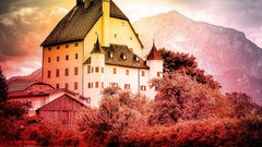 Landscapes Mountains rocks houses rivers Photo manipulation