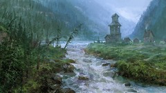 Landscapes Mountains ruins rivers artwork digital art fantasy 