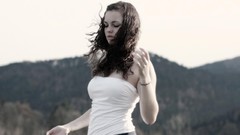 Landscapes Mountains wind woman skirts long hair brunettes teen