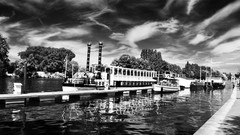Landscapes nature black and white Boats monochrome reflections 