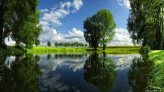Landscapes nature clouds Green lakes reflections