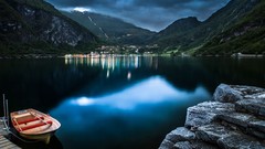 Landscapes nature clouds hills lights calm Boats evening Norway 