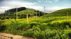 Landscapes nature grass clouds summer hills Green fences 