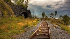 Landscapes nature grass columns arch railway railroad tracks