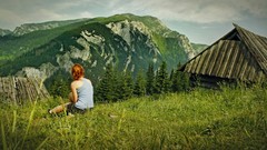 Landscapes nature grass Mountains woman back lonely houses 
