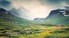 Landscapes nature grass snow Mountains clouds Norway cabin 