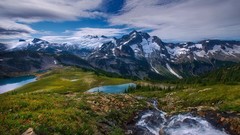 Landscapes nature grass snow water blue Mountains clouds white 