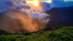 Landscapes nature grass sun Mountains clouds mist