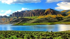 Landscapes nature grass water black blue clouds hills Green 