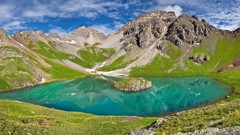 Landscapes nature grass water blue Mountains clouds Green 