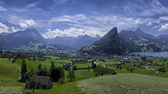 Landscapes nature grass water blue Mountains clouds Green 