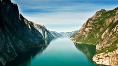 Landscapes nature grass water hills Green Norway Turquoise 