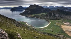 Landscapes nature grass water Mountains clouds ocean bay Norway 
