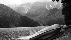 Landscapes nature Mountains black and white coast catamaran