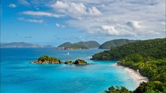 Landscapes nature Mountains clouds bay Turquoise Beaches forests