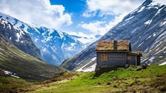 Landscapes nature Mountains clouds cabin