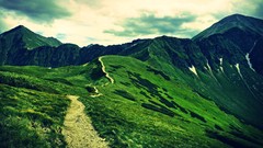 Landscapes nature Mountains clouds Green paths