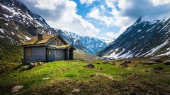 Landscapes nature Mountains clouds hills Norway cabin HDR 