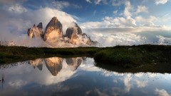 Landscapes nature Mountains clouds lagoon peaks mirror water