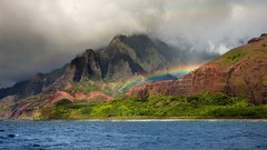 Landscapes nature Mountains clouds ocean rainbows tropical