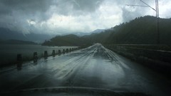 Landscapes nature Mountains clouds rain storm cars roads wet 