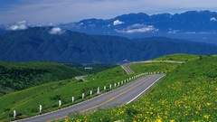 Landscapes nature Mountains clouds roads yellow flowers