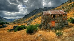 Landscapes nature Mountains clouds sky old house