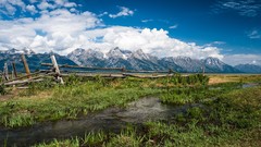 Landscapes nature Mountains clouds Wyoming USA fences fields 