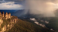 Landscapes nature Mountains rain rocks forests Three Sisters