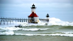 Landscapes nature ocean Michigan piers lighthouses
