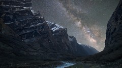 Landscapes nature snow night Stars Mountains Milky Way rivers 