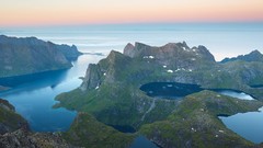 Landscapes nature snow water blue hills Green moss Islands 