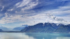 Landscapes nature snow water blue Mountains clouds white Green 